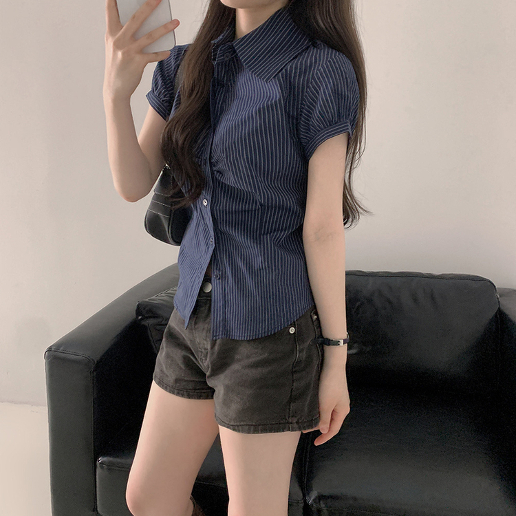 シャツ スリムストライプシャーリング半袖シャツ NAVY