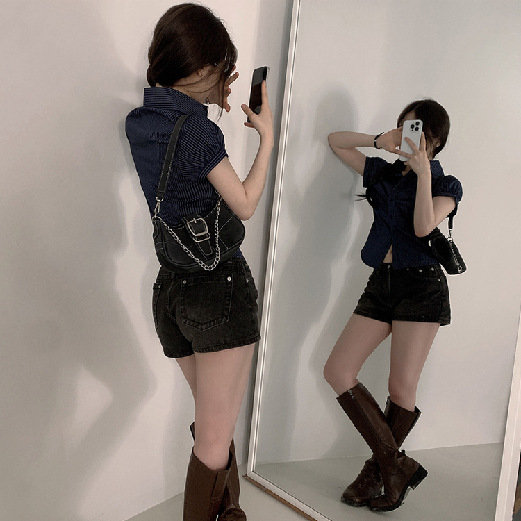 シャツ スリムストライプシャーリング半袖シャツ NAVY