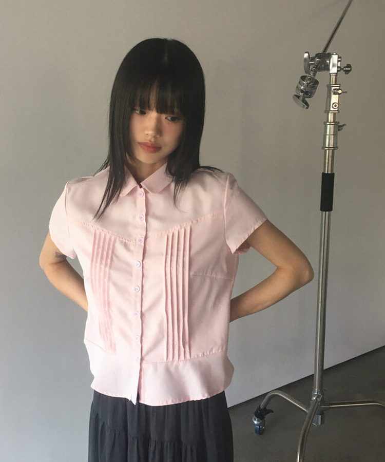 シャツ ピンタックフリル半袖シャツ PINK