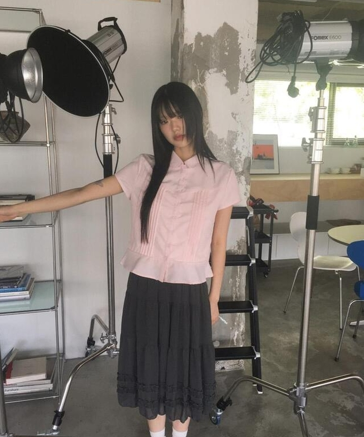 シャツ ピンタックフリル半袖シャツ PINK