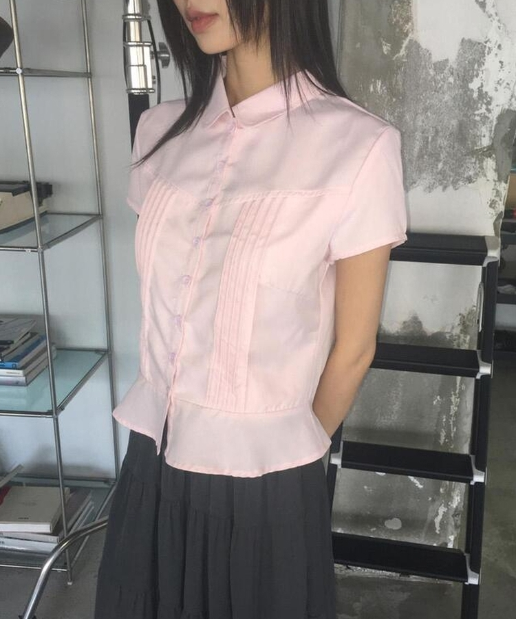 シャツ ピンタックフリル半袖シャツ PINK