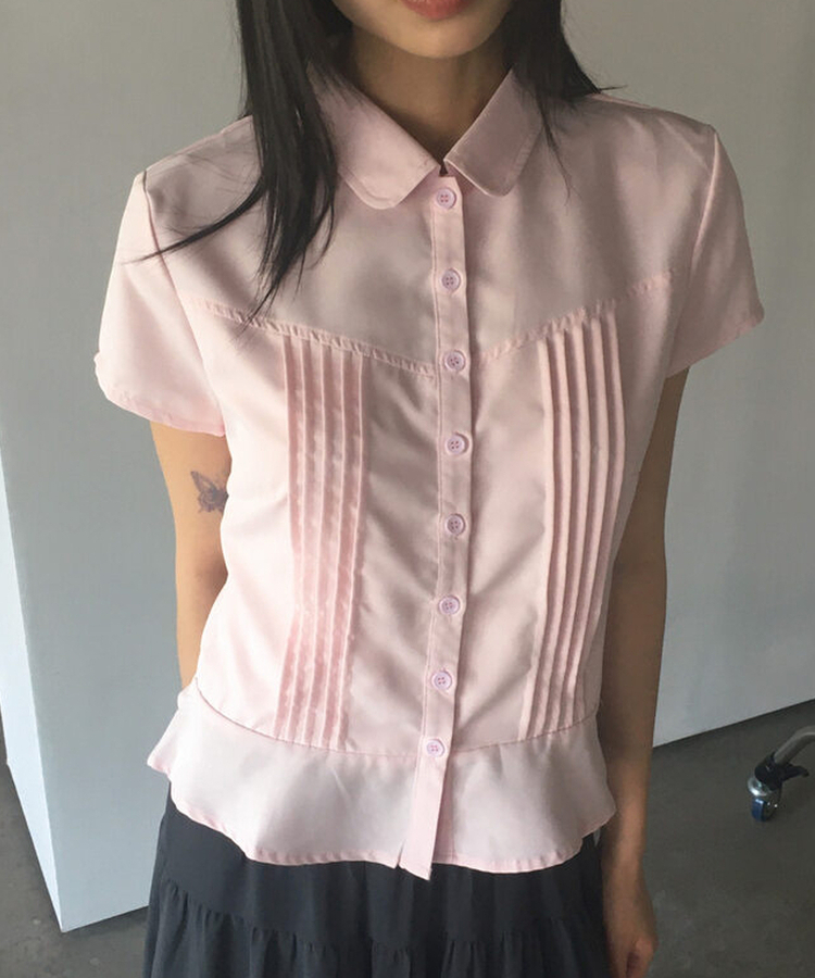 シャツ ピンタックフリル半袖シャツ PINK