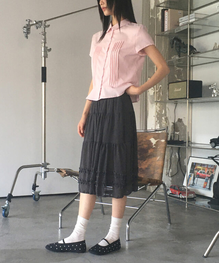 シャツ ピンタックフリル半袖シャツ PINK
