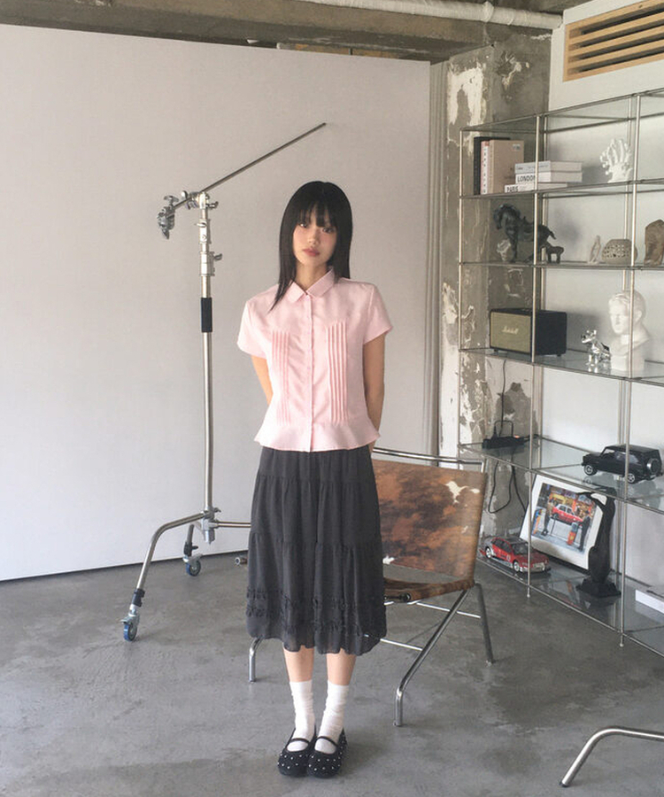 シャツ ピンタックフリル半袖シャツ PINK