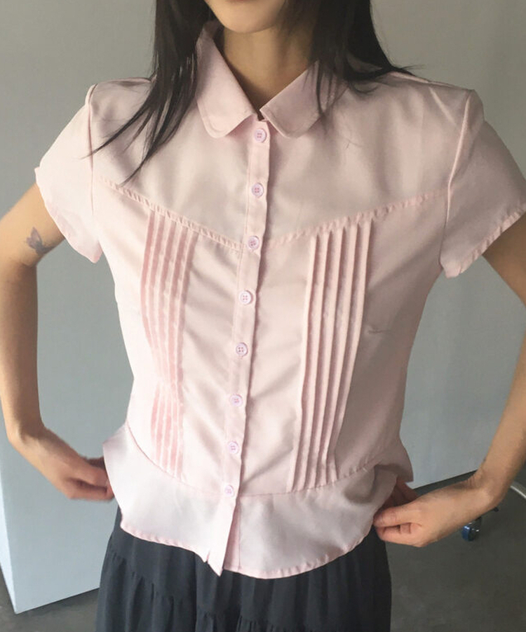 シャツ ピンタックフリル半袖シャツ PINK