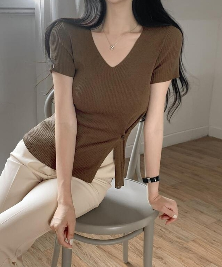 ニット Vサマーラップ半袖ニット(5color) BROWN