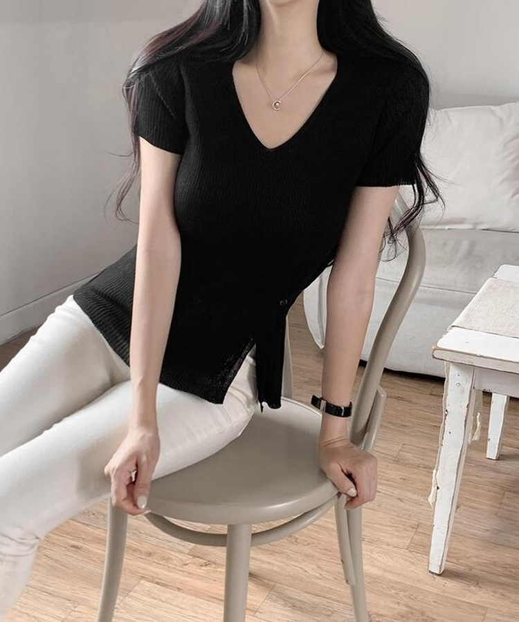 ニット Vサマーラップ半袖ニット(5color) BLACK