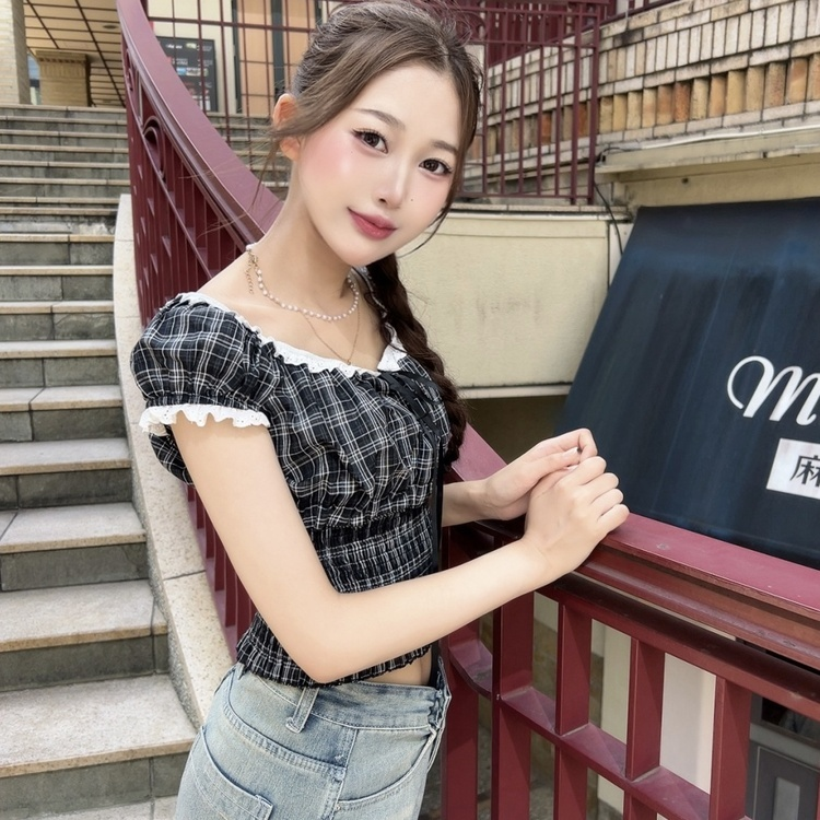 フェミニンチェックブラウス BLACK
