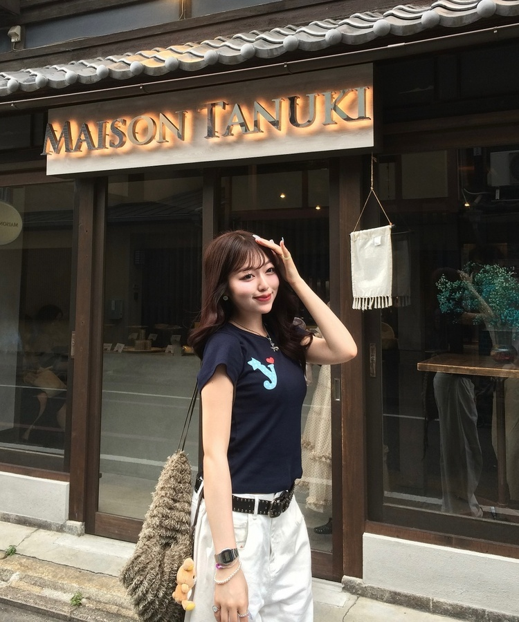 하트 골지 반팔 티셔츠 곤색