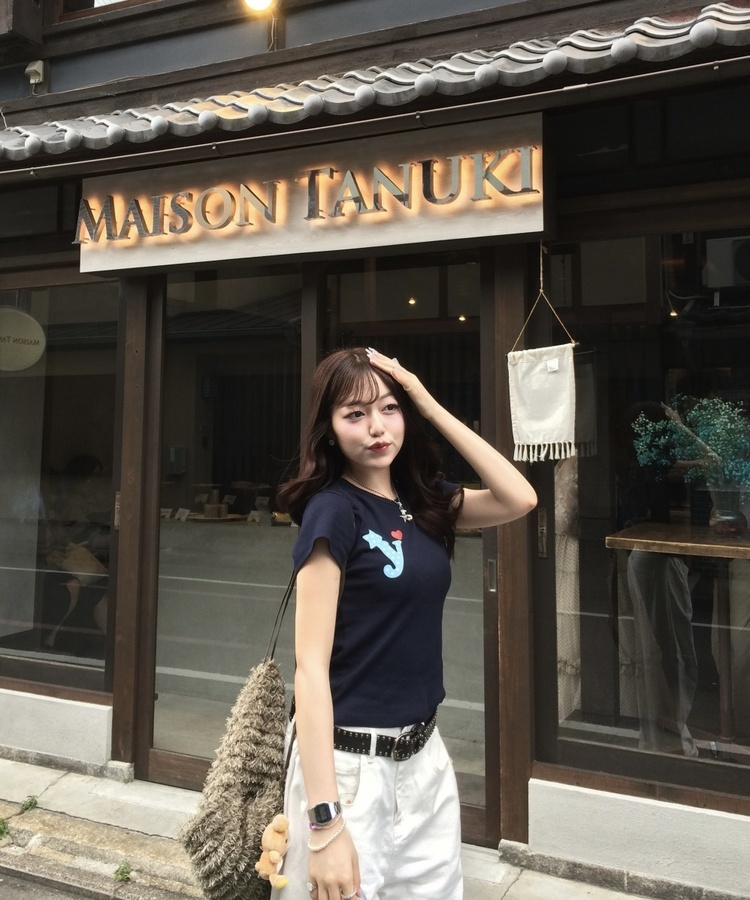 하트 골지 반팔 티셔츠 곤색