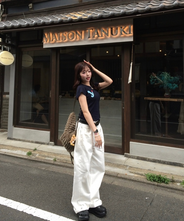 하트 골지 반팔 티셔츠 곤색