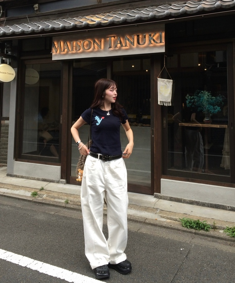 하트 골지 반팔 티셔츠 곤색