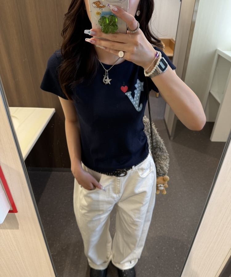 하트 골지 반팔 티셔츠 곤색