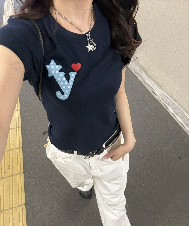 하트 골지 반팔 티셔츠 곤색