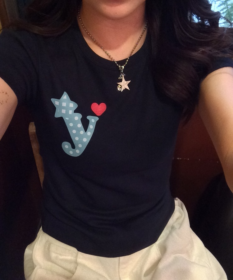 하트 골지 반팔 티셔츠 곤색