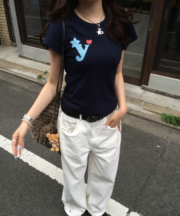 하트 골지 반팔 티셔츠 곤색