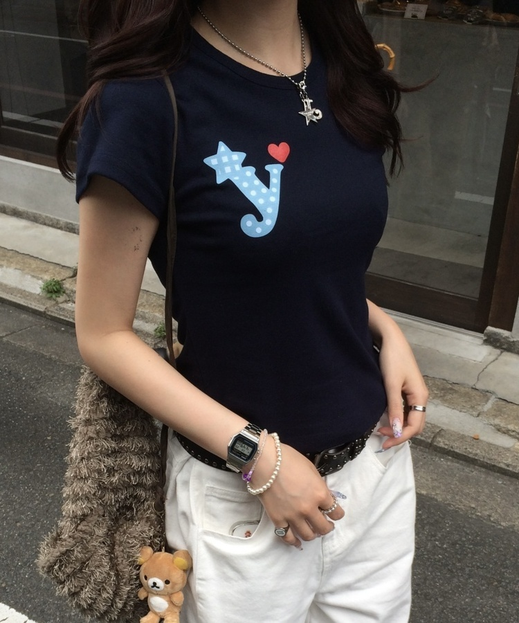 하트 골지 반팔 티셔츠 곤색