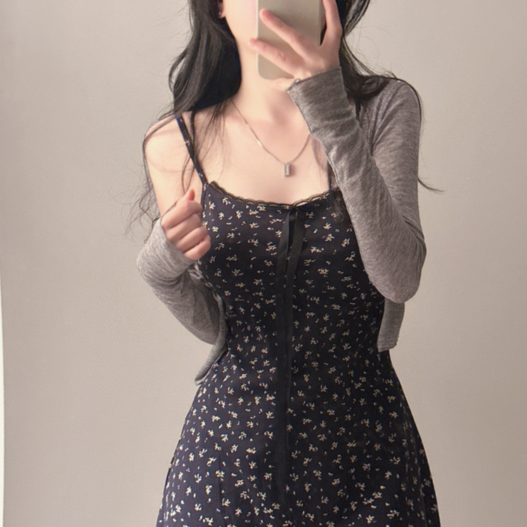 ツーピース 【SET】フラワーミニワンピース カーディガン NAVY