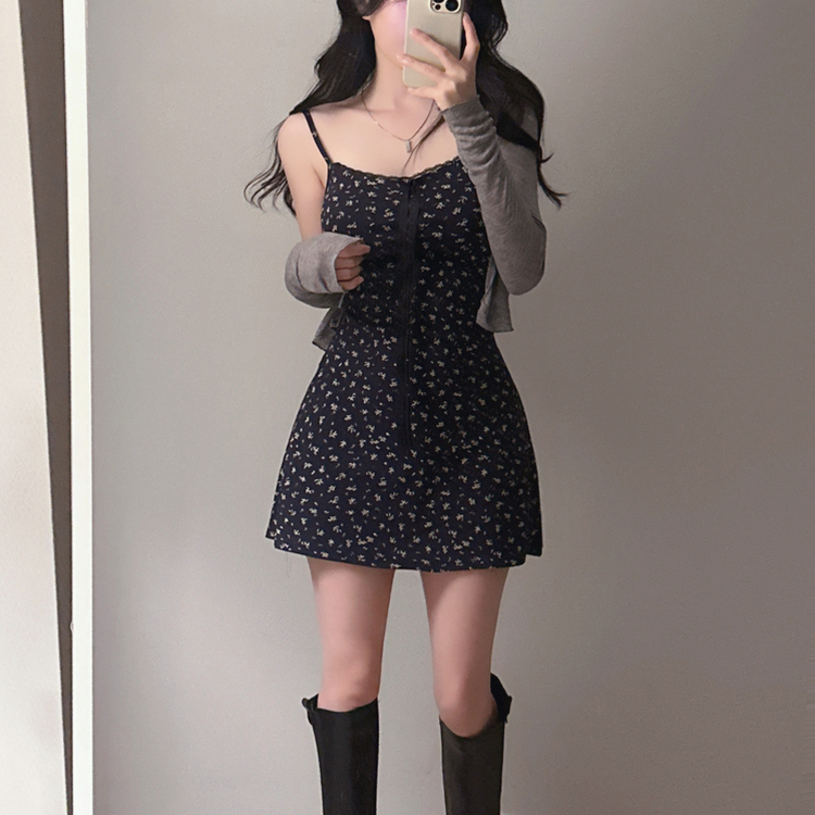 ツーピース 【SET】フラワーミニワンピース カーディガン NAVY