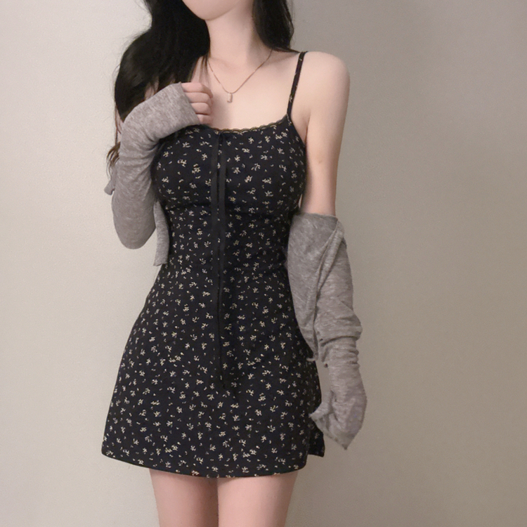 ツーピース 【SET】フラワーミニワンピース カーディガン NAVY
