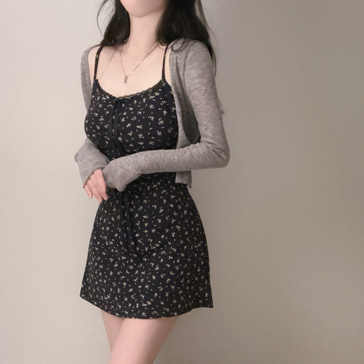 ツーピース 【SET】フラワーミニワンピース カーディガン NAVY