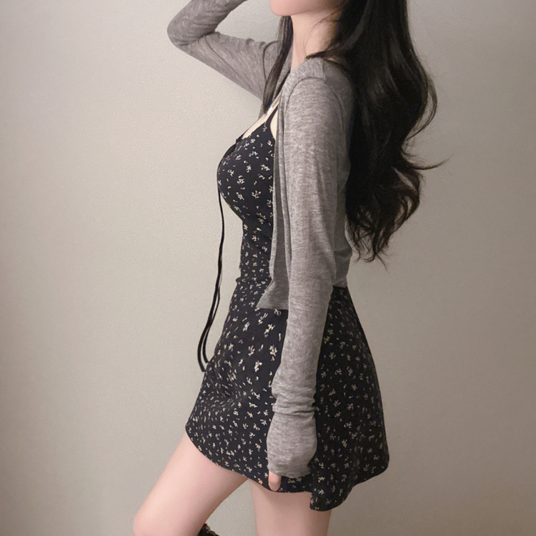 ツーピース 【SET】フラワーミニワンピース カーディガン NAVY