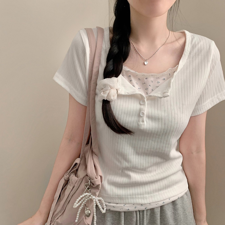 유어 잔꽃 레이어드 반팔티 여름 반팔 발레코어 골지 아이보리