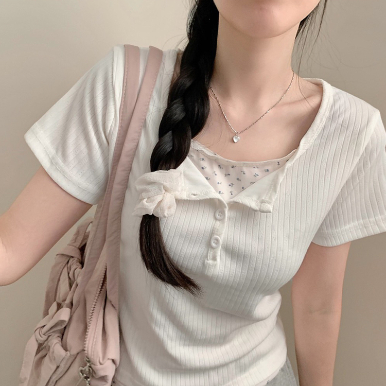 유어 잔꽃 레이어드 반팔티 여름 반팔 발레코어 골지 아이보리