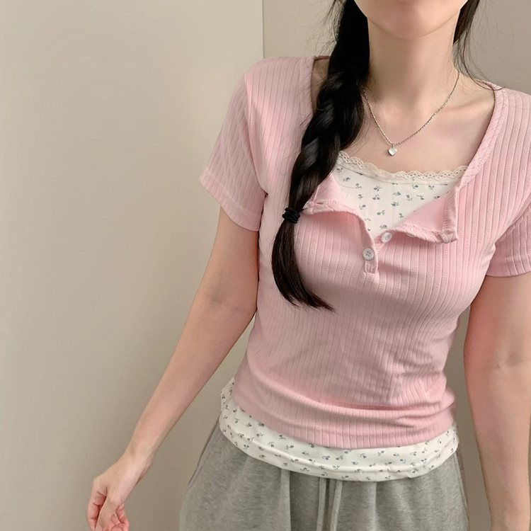 유어 잔꽃 레이어드 반팔티 여름 반팔 발레코어 골지 핑크