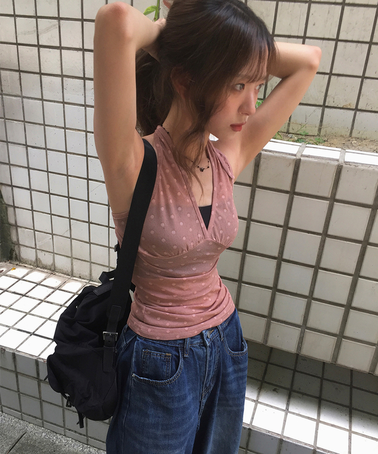 ノースリーブ シースルードットホルターキャミソール BEIGE