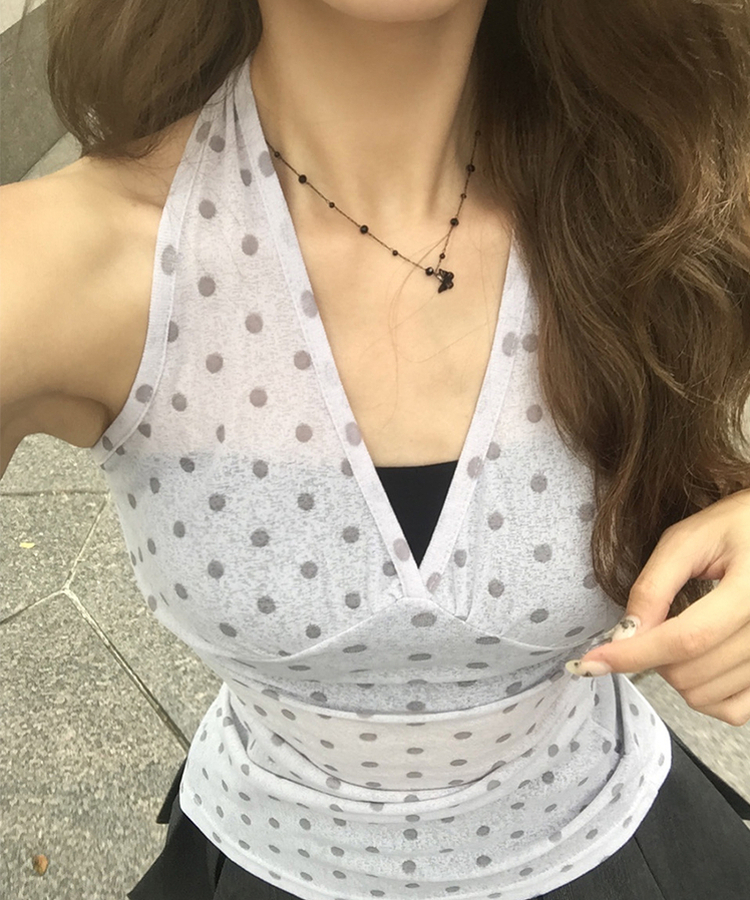 ノースリーブ シースルードットホルターキャミソール GREY