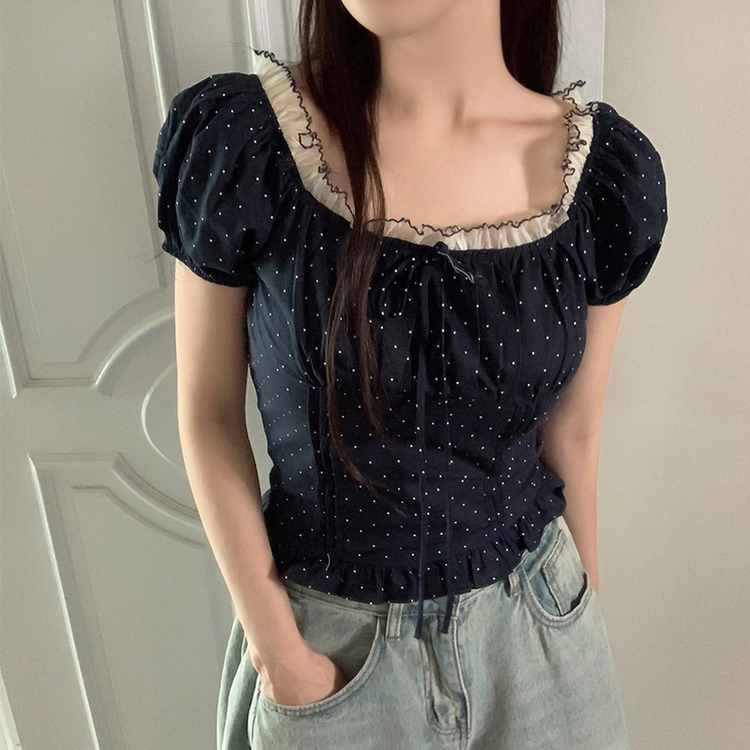 ブラウス ドットレースリボンクロップブラウス NAVY