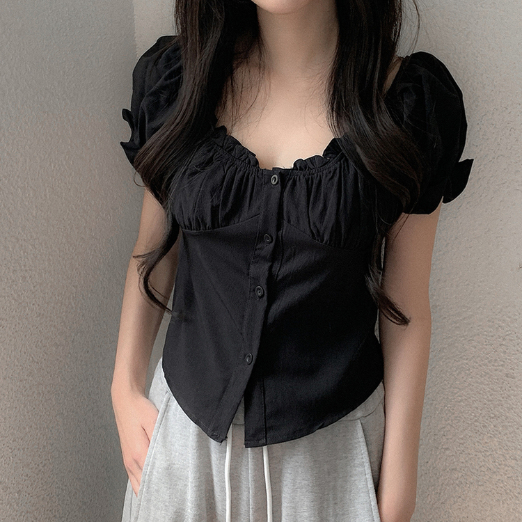 ブラウス フリルパフシャーリングブラウス BLACK