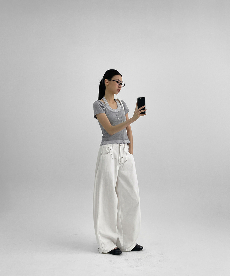 フォールディングスナップワイドコットンパンツ WHITE