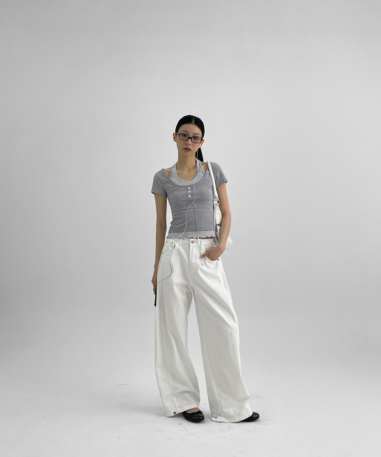 フォールディングスナップワイドコットンパンツ WHITE