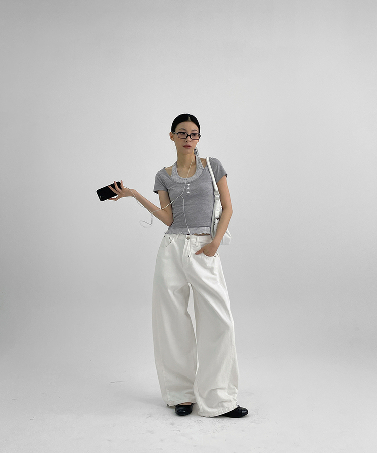 フォールディングスナップワイドコットンパンツ WHITE