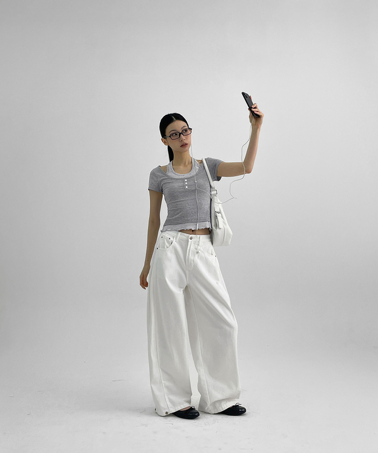 フォールディングスナップワイドコットンパンツ WHITE