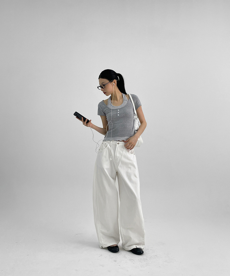 フォールディングスナップワイドコットンパンツ WHITE
