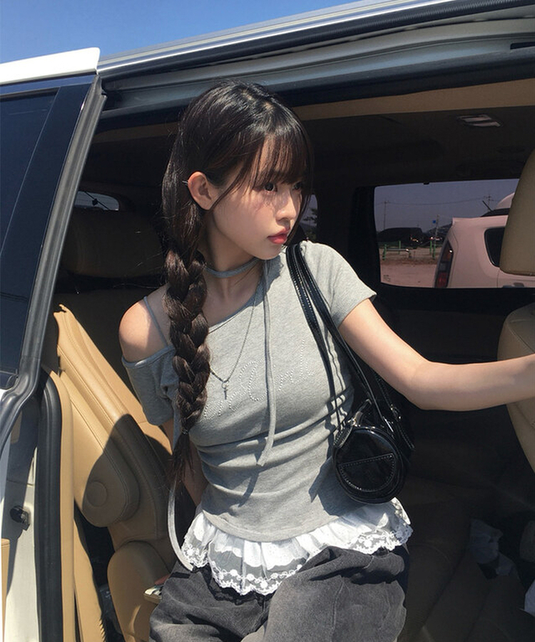 半袖Tシャツ 【タイ付き】レースワンオフストラップ半袖Tシャツ GREY