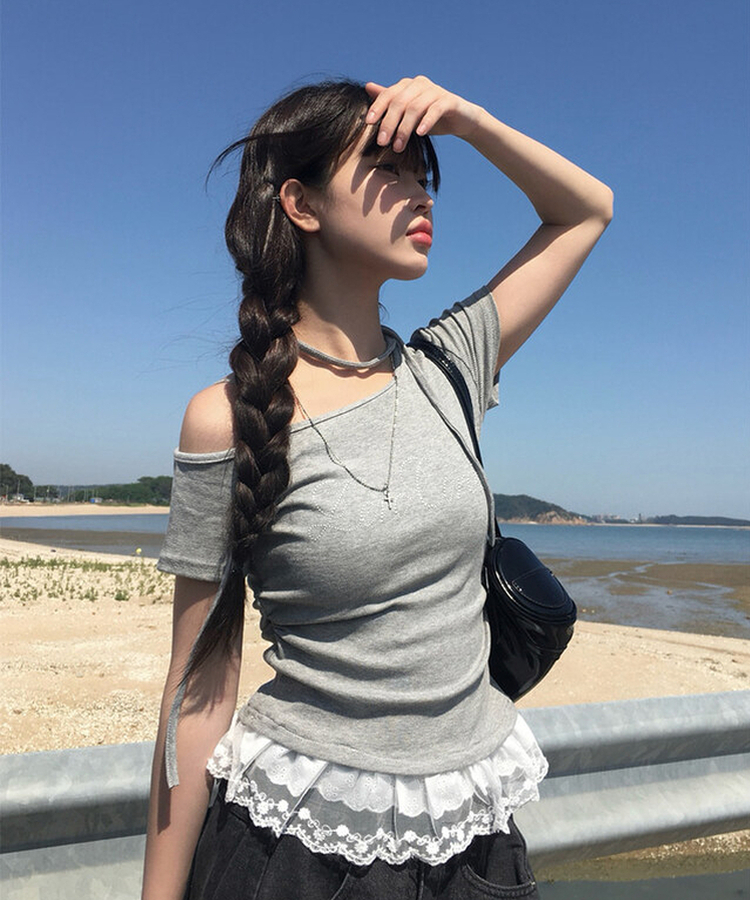 半袖Tシャツ 【タイ付き】レースワンオフストラップ半袖Tシャツ GREY