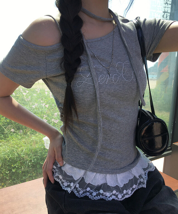 半袖Tシャツ 【タイ付き】レースワンオフストラップ半袖Tシャツ GREY