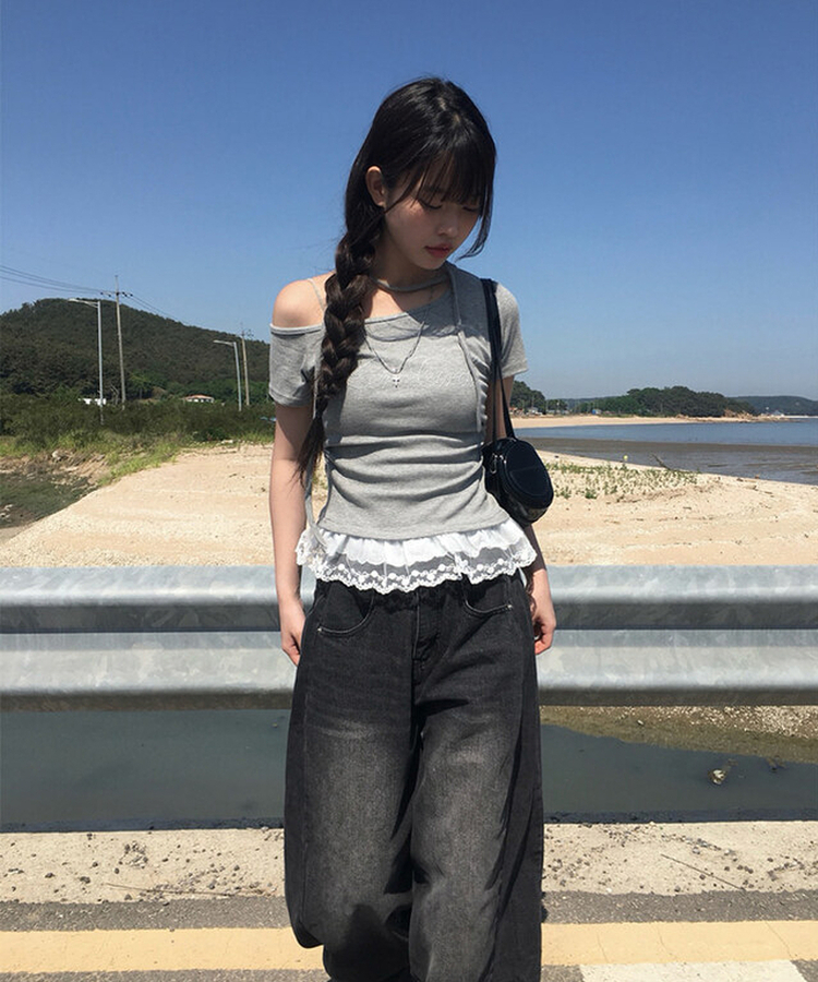 半袖Tシャツ 【タイ付き】レースワンオフストラップ半袖Tシャツ GREY