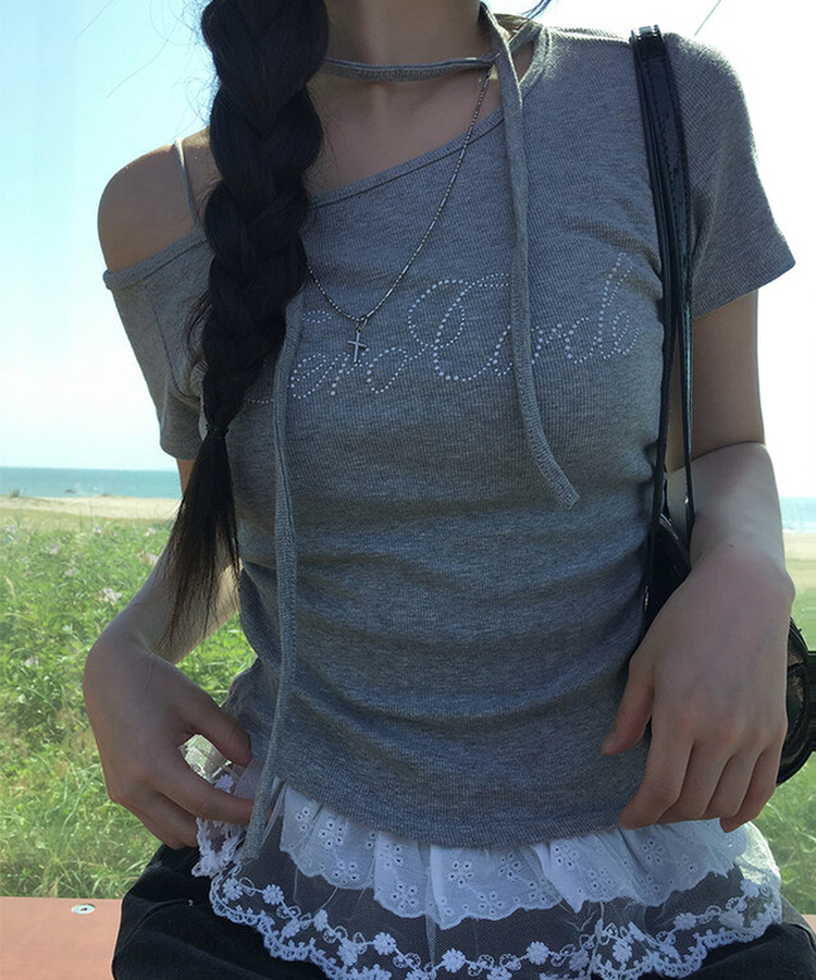 半袖Tシャツ 【タイ付き】レースワンオフストラップ半袖Tシャツ GREY