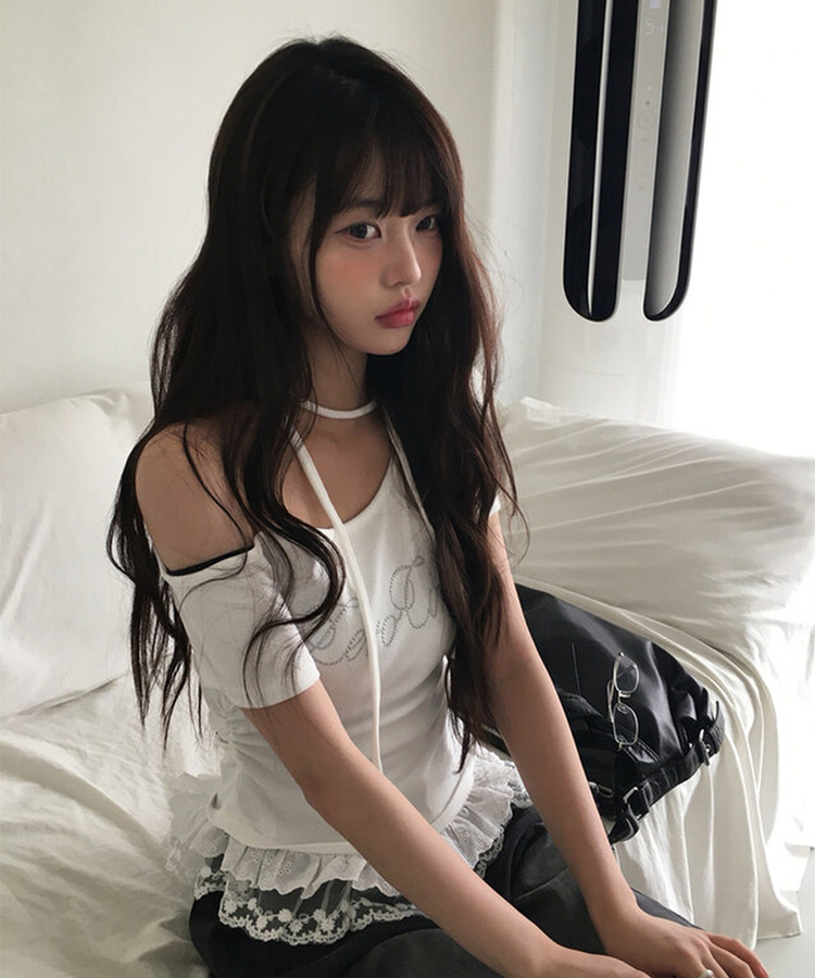半袖Tシャツ 【タイ付き】レースワンオフストラップ半袖Tシャツ IVORY