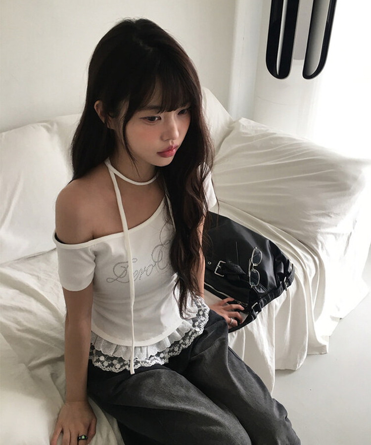 半袖Tシャツ 【タイ付き】レースワンオフストラップ半袖Tシャツ IVORY