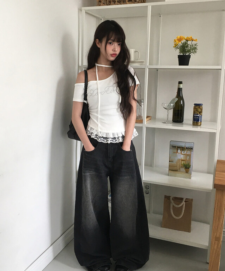半袖Tシャツ 【タイ付き】レースワンオフストラップ半袖Tシャツ IVORY