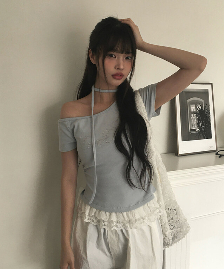 半袖Tシャツ 【タイ付き】レースワンオフストラップ半袖Tシャツ SKY BLUE