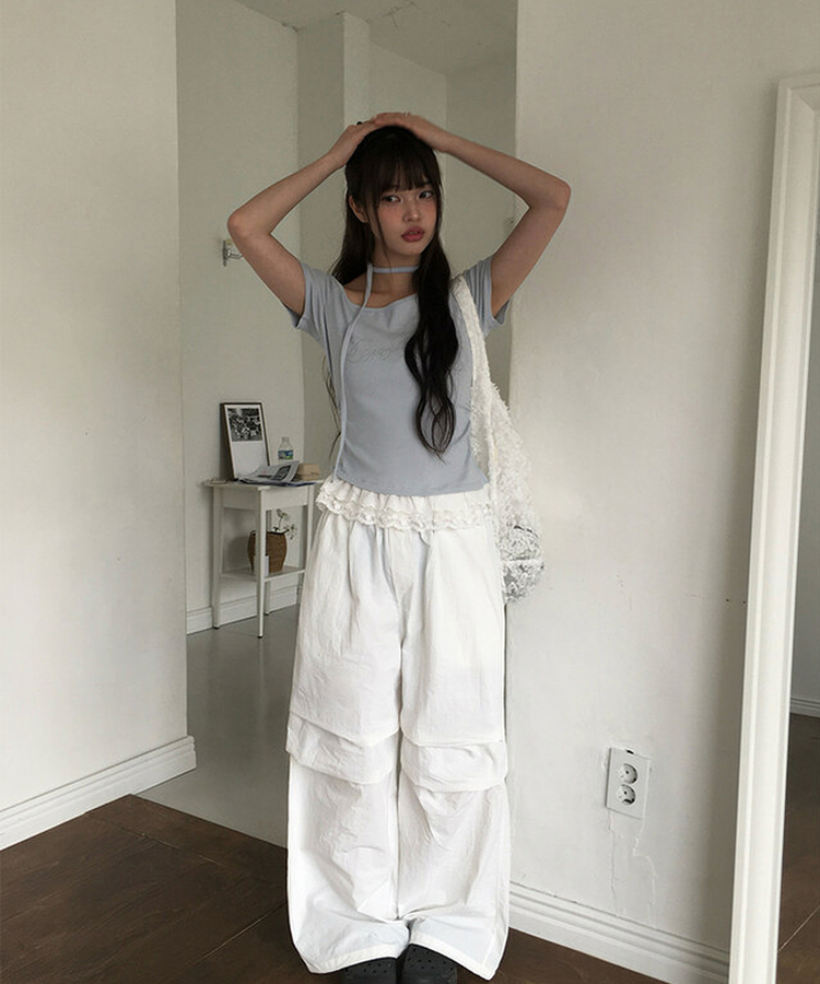 半袖Tシャツ 【タイ付き】レースワンオフストラップ半袖Tシャツ SKY BLUE
