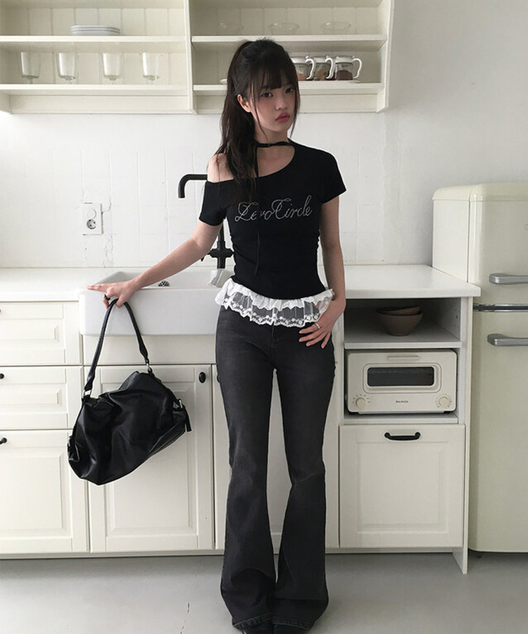 半袖Tシャツ 【タイ付き】レースワンオフストラップ半袖Tシャツ BLACK