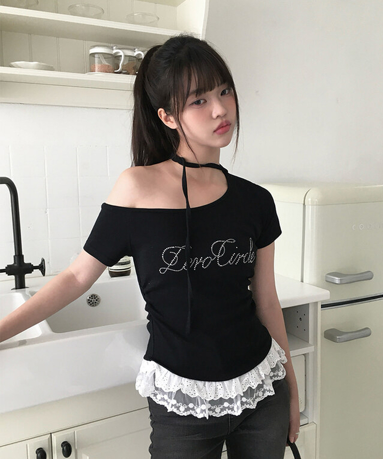半袖Tシャツ 【タイ付き】レースワンオフストラップ半袖Tシャツ BLACK